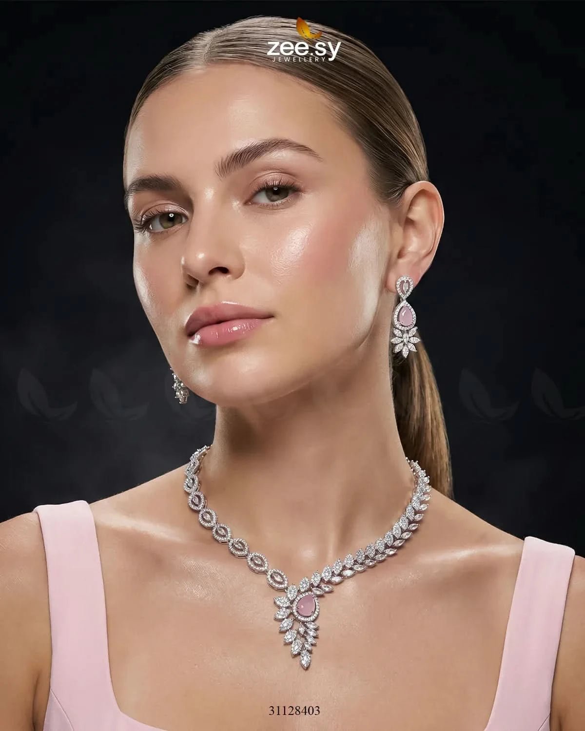 Royal Floral Zirconia Necklace Set - Zeesy.pk