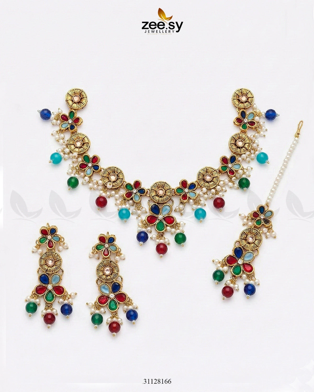 Tulshi Antique Pearl Necklace Set Golden Multi - Zeesy Jewellery