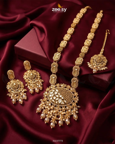Royal Kundan Malla Necklace Set Golden Champagne Malla Necklace - Zeesy Jewellery Pakistan | Premium Artificial & Imitation Jewellery