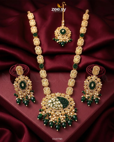 Royal Kundan Malla Necklace Set Golden Green Malla Necklace - Zeesy Jewellery Pakistan | Premium Artificial & Imitation Jewellery