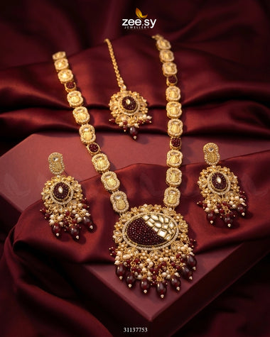Royal Kundan Malla Necklace Set Golden Red Malla Necklace - Zeesy Jewellery Pakistan | Premium Artificial & Imitation Jewellery