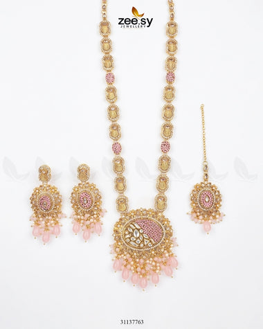 Royal Kundan Malla Necklace Set Golden Mint Pink Malla Necklace - Zeesy Jewellery Pakistan | Premium Artificial & Imitation Jewellery