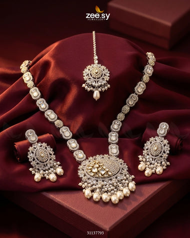 Royal Kundan Malla Necklace Set Silver Malla Necklace - Zeesy Jewellery Pakistan | Premium Artificial & Imitation Jewellery