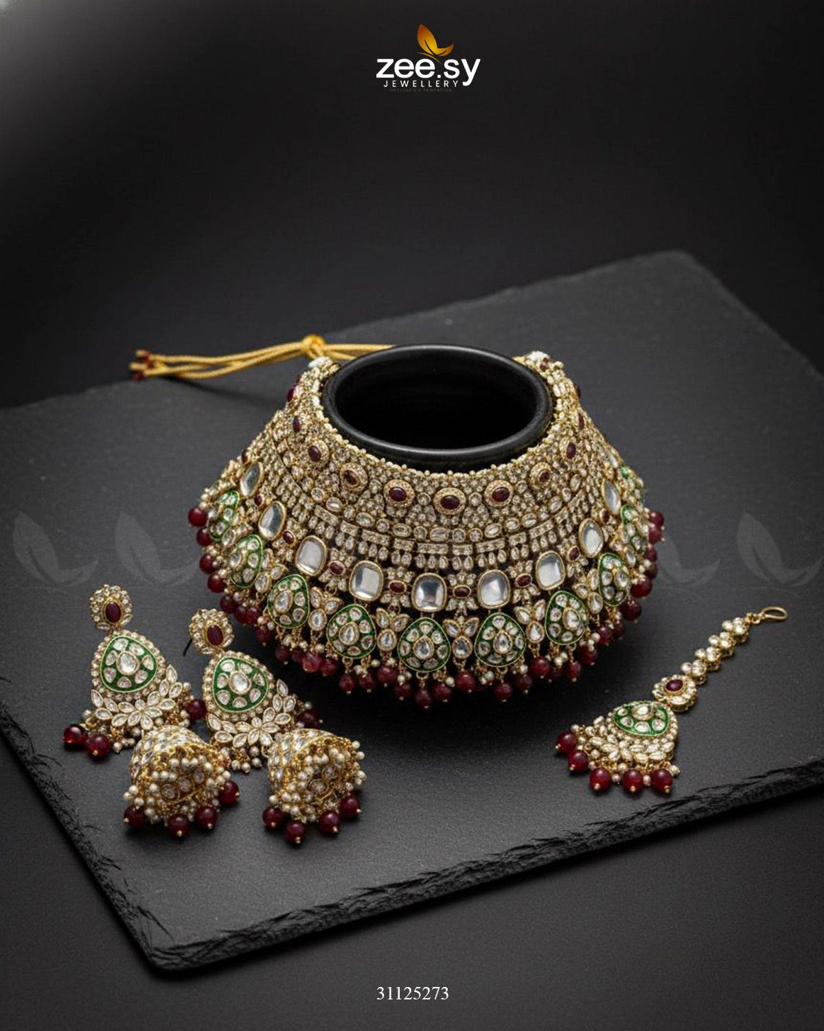 Royal Intricate Crystal Bridal Set Golden Red - Zeesy Jewellery