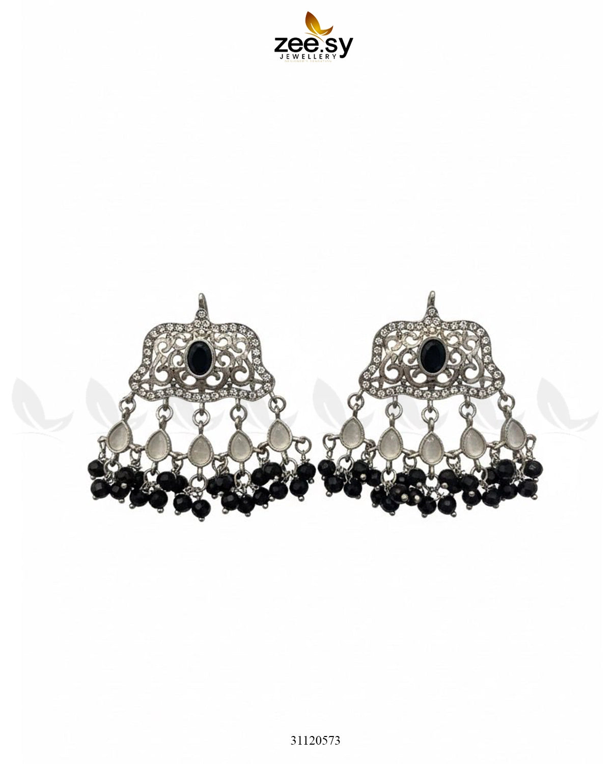 Elegant Tassel Moti Work Earrings Silver Black - Zeesy Jewellery