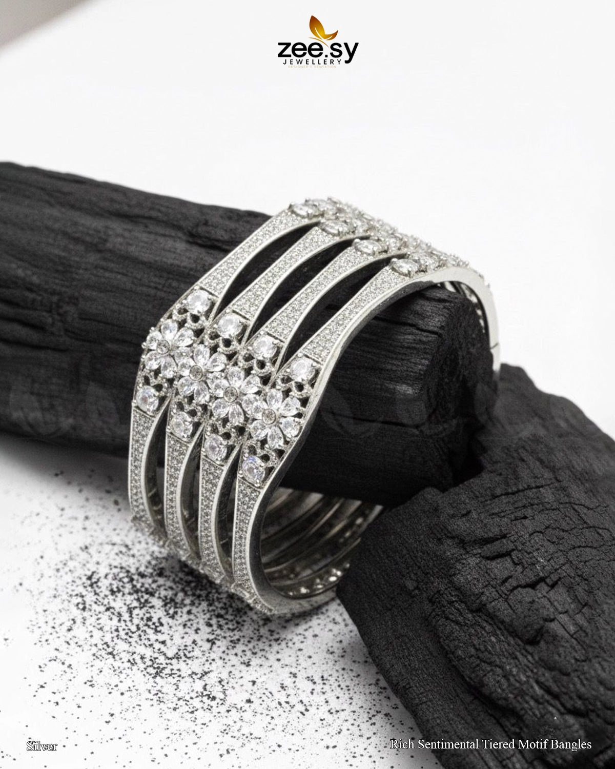Rich Sentimental Tiered Motif Bangles - Silver - Zeesy Jewellery