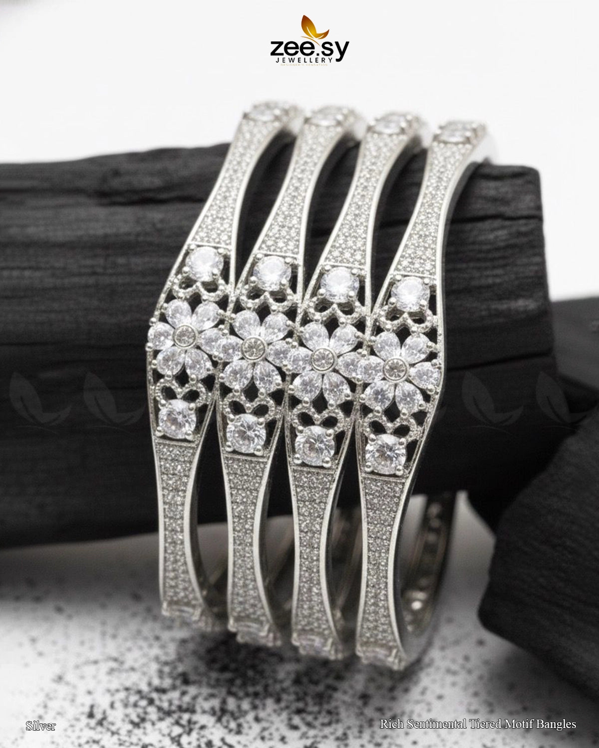 Rich Sentimental Tiered Motif Bangles - Silver - Zeesy Jewellery