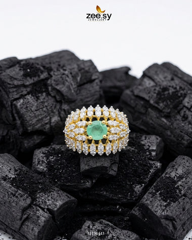 Sapphire Crown Gems Cluster Ring Golden Mint Green Finger Ring - Zeesy Jewellery Pakistan | Premium Artificial & Imitation Jewellery