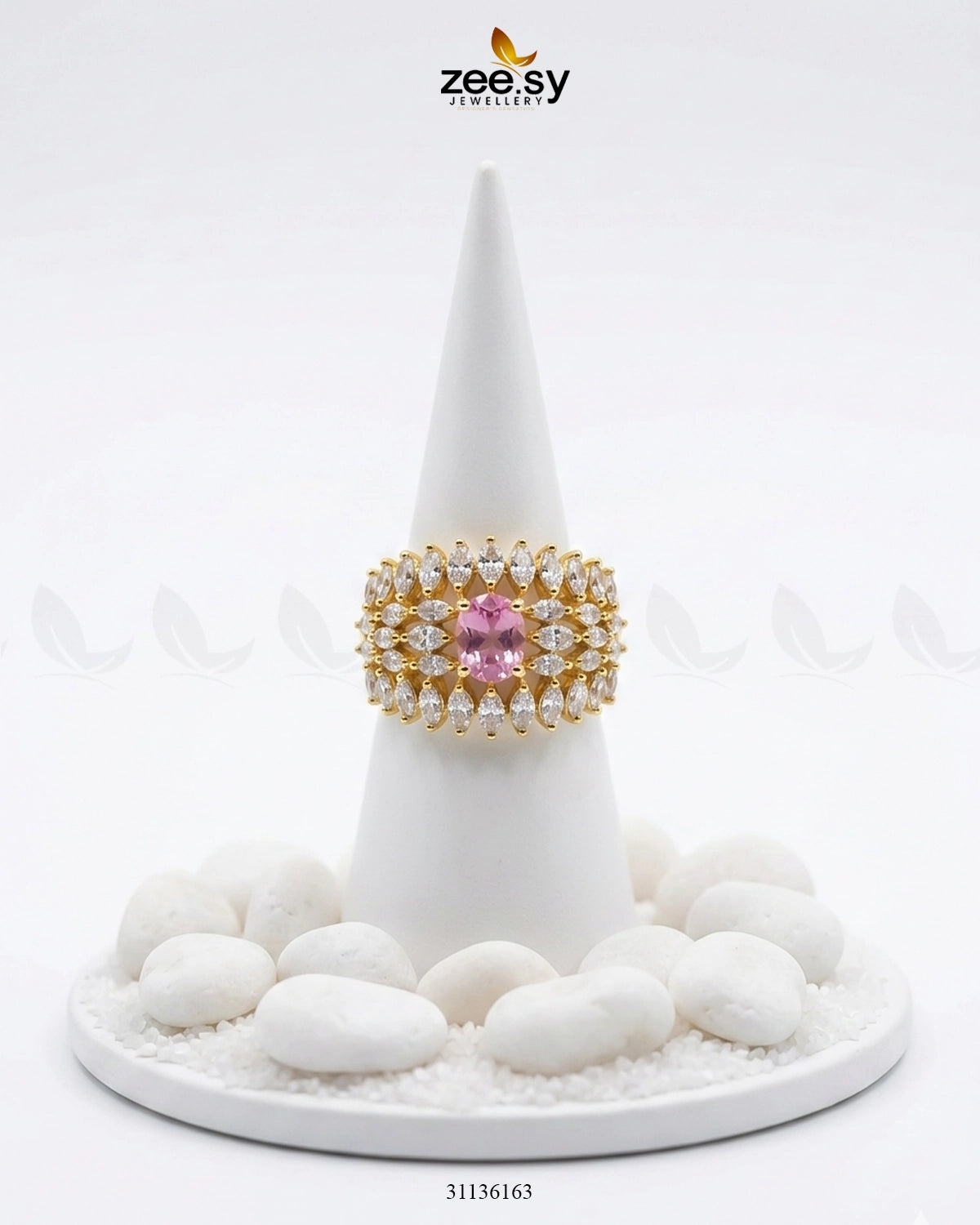 Sapphire Crown Gems Cluster Ring Golden Mint Pink Finger Ring - Zeesy Jewellery Pakistan | Premium Artificial & Imitation Jewellery