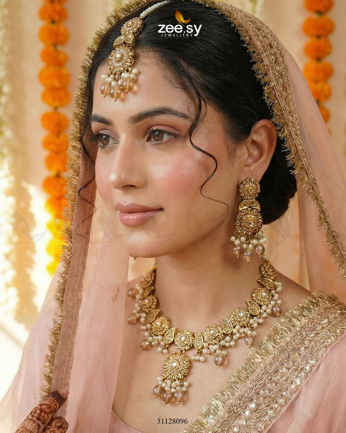 Sapphire Glow Leaf Necklace Set Golden Champagne - Zeesy Jewellery