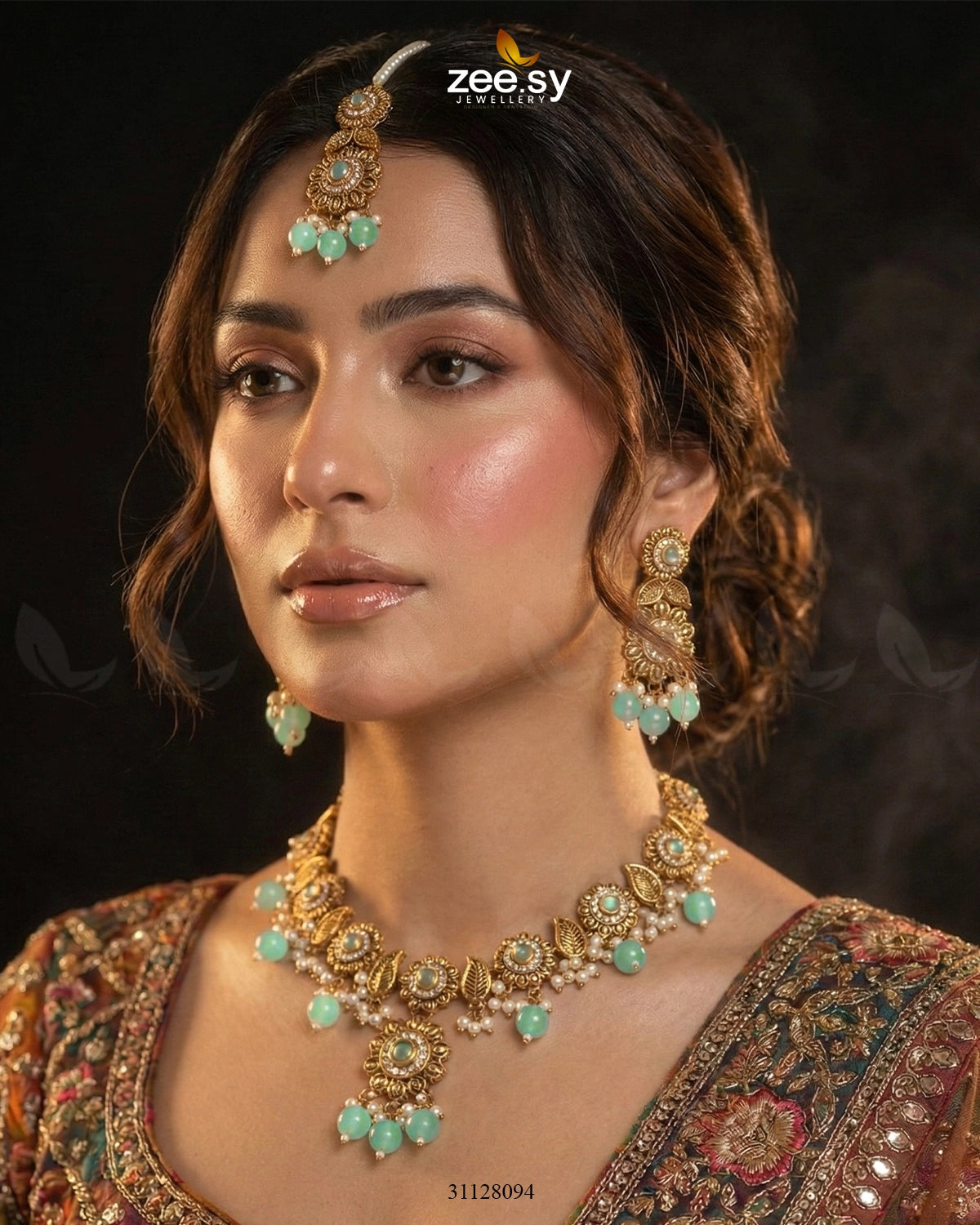 Sapphire Glow Leaf Necklace Set - Zeesy Jewellery