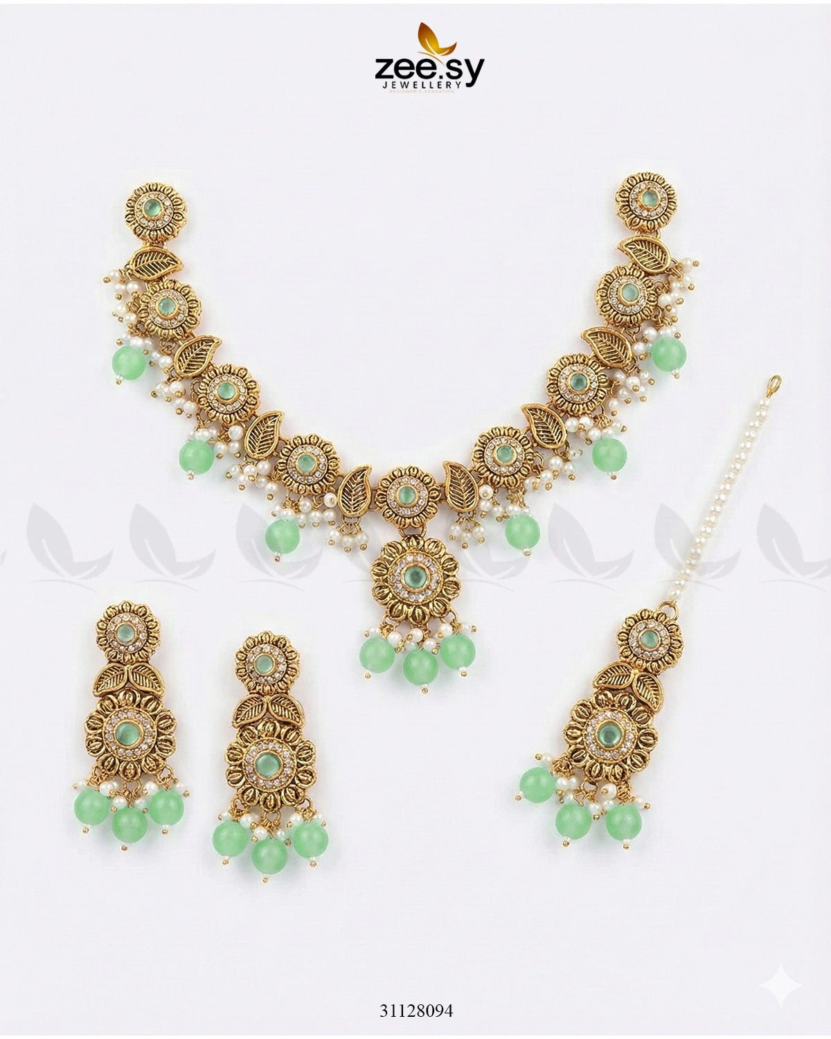 Sapphire Glow Leaf Necklace Set Golden Mint Green - Zeesy Jewellery