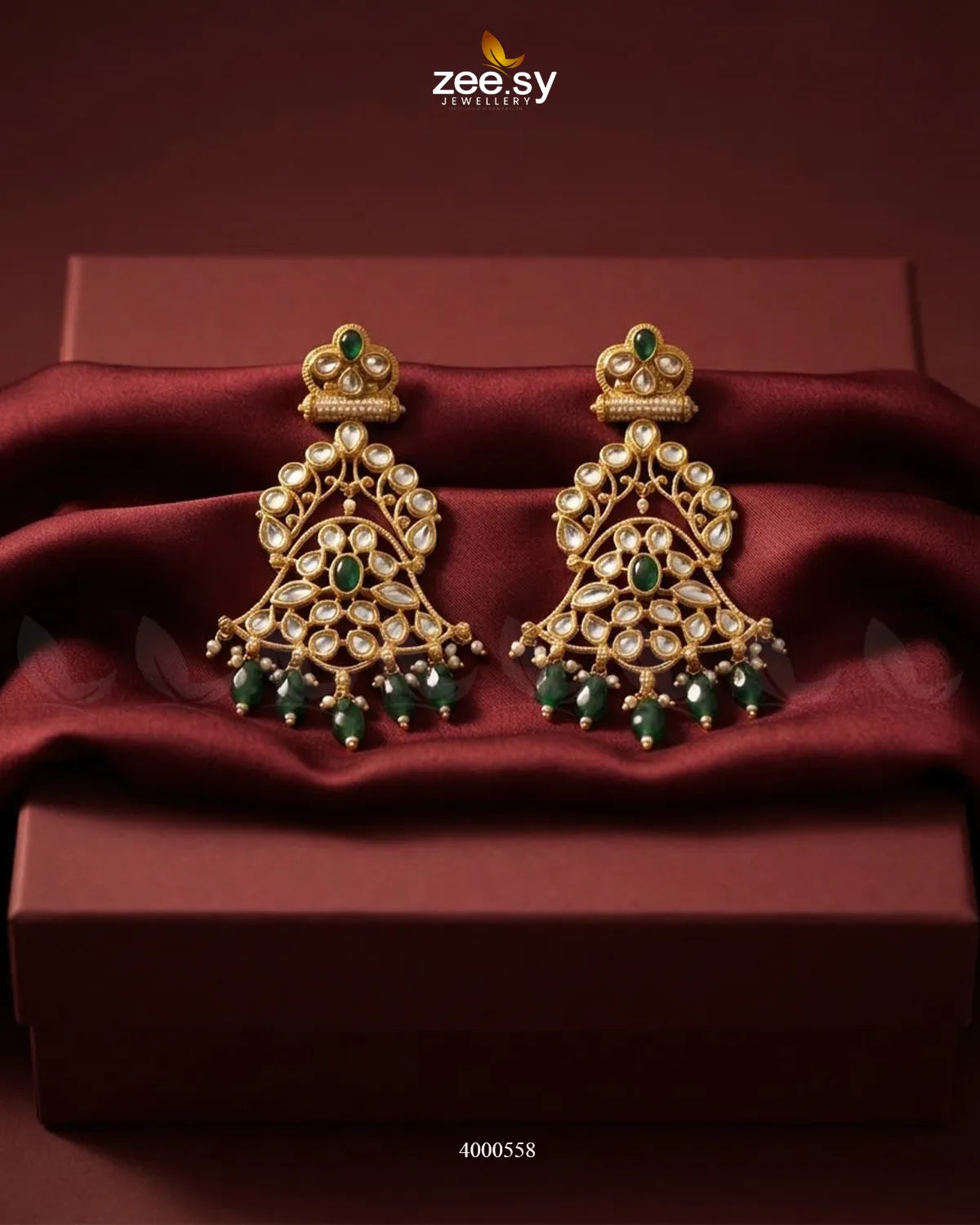 Scarlet Filigree Kundan Earrings Golden Green Earrings - Zeesy Jewellery Pakistan | Premium Artificial & Imitation Jewellery