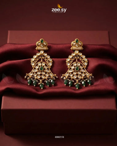 Scarlet Filigree Kundan Earrings Golden Green Earrings - Zeesy Jewellery Pakistan | Premium Artificial & Imitation Jewellery