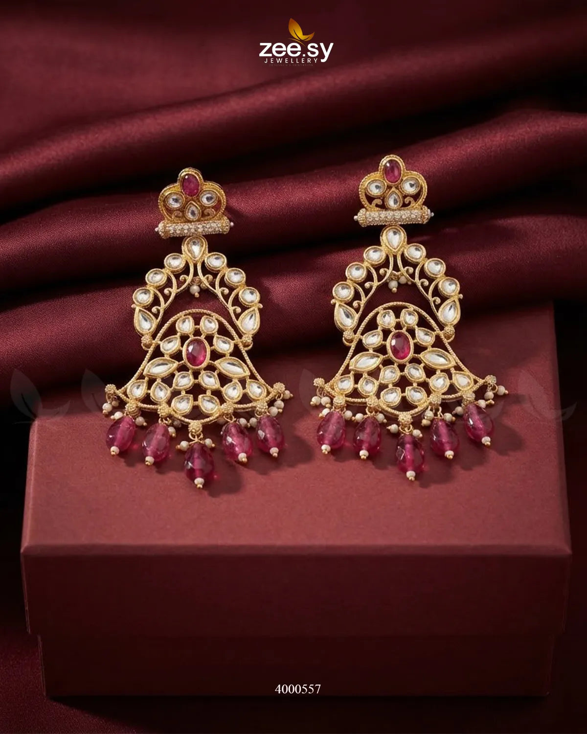 Scarlet Filigree Kundan Earrings Golden Ruby Earrings - Zeesy Jewellery Pakistan | Premium Artificial & Imitation Jewellery