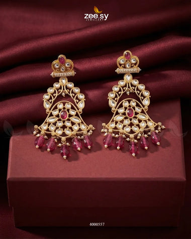 Scarlet Filigree Kundan Earrings Golden Ruby Earrings - Zeesy Jewellery Pakistan | Premium Artificial & Imitation Jewellery