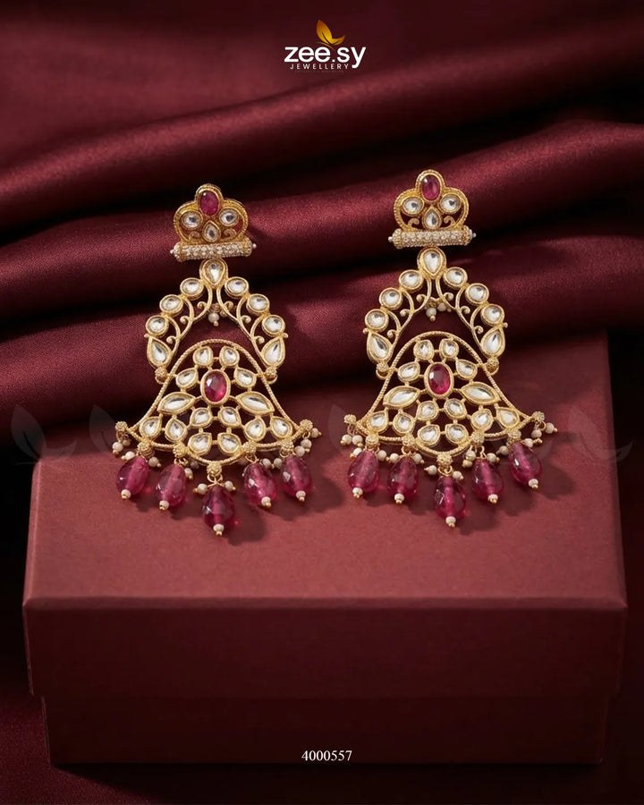 Scarlet Filigree Kundan Earrings Golden Ruby Earrings - Zeesy Jewellery Pakistan | Premium Artificial & Imitation Jewellery