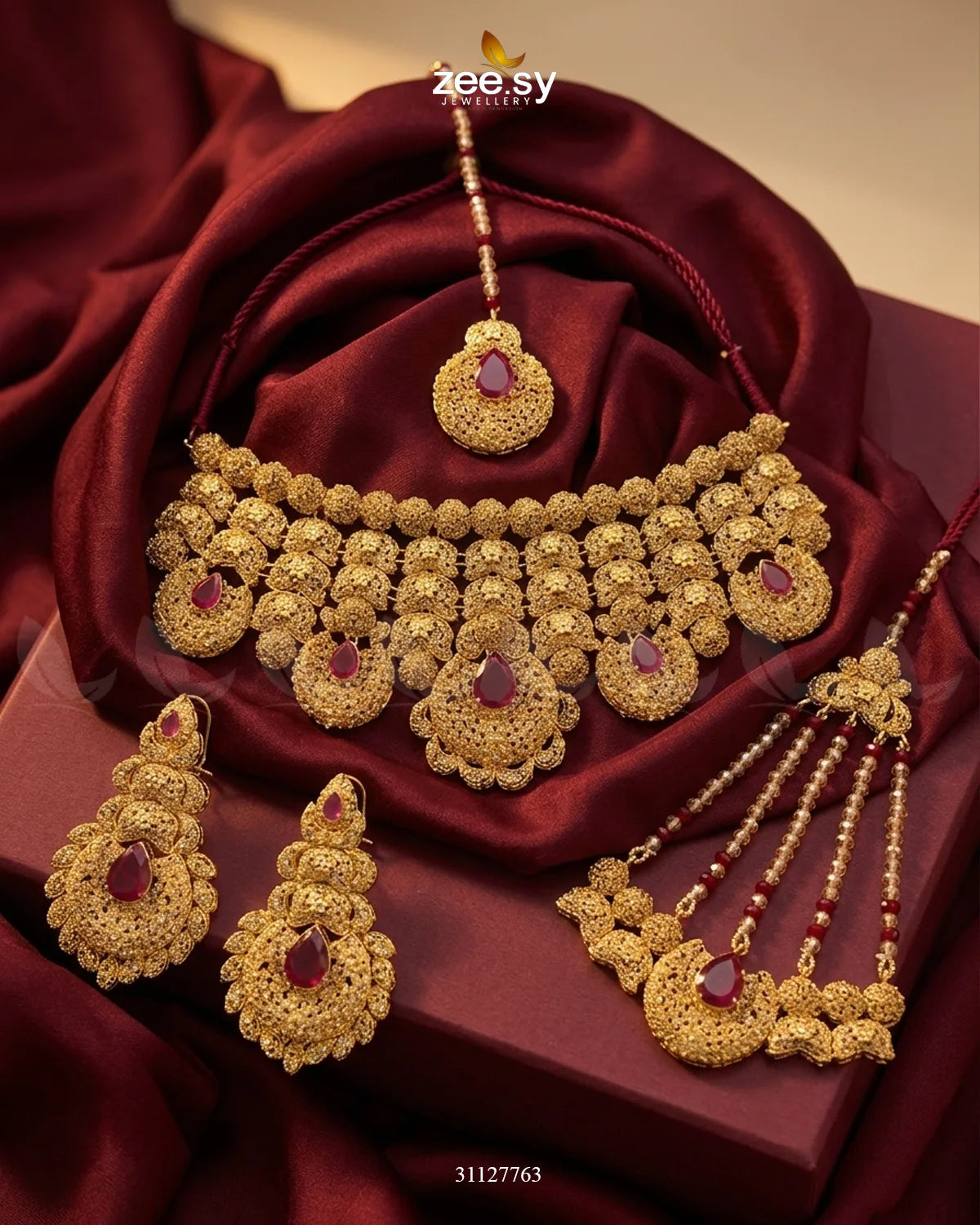 Scarlet Heritage Ruby Bridal Set Bridal Set - Zeesy Jewellery Pakistan | Premium Artificial & Imitation Jewellery