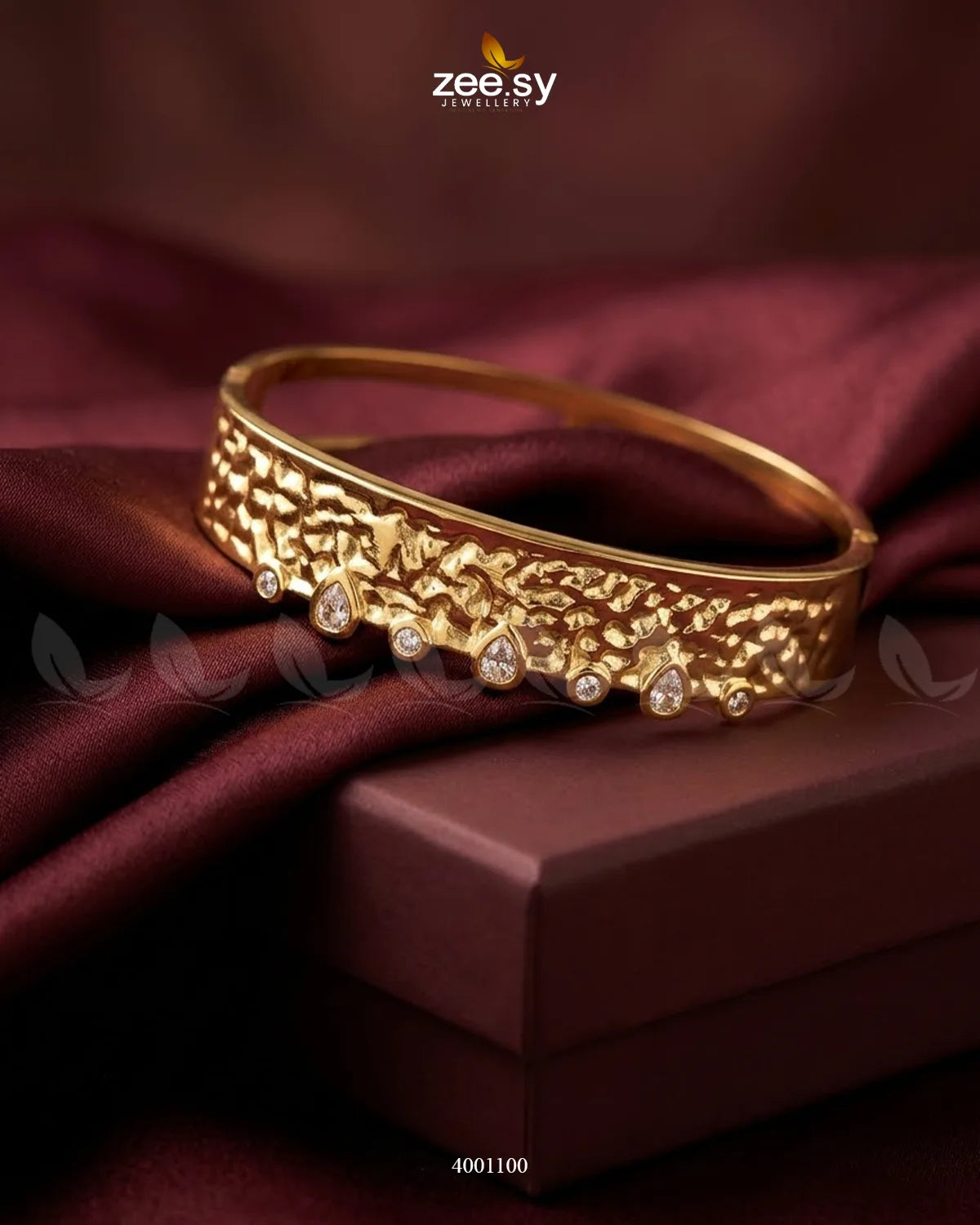 Sculptural textured crystal cuff bracelet by MH26 featuring intricate design and sparkling crystal accents.