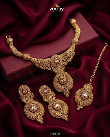 Shahi Gemstone Hasli Necklace Set Champagne Bridal Set - Zeesy Jewellery Pakistan | Premium Artificial & Imitation Jewellery