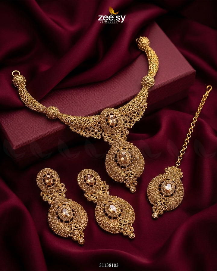 Shahi Gemstone Hasli Necklace Set Champagne Bridal Set - Zeesy Jewellery Pakistan | Premium Artificial & Imitation Jewellery