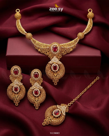 Shahi Gemstone Hasli Necklace Set Red Bridal Set - Zeesy Jewellery Pakistan | Premium Artificial & Imitation Jewellery