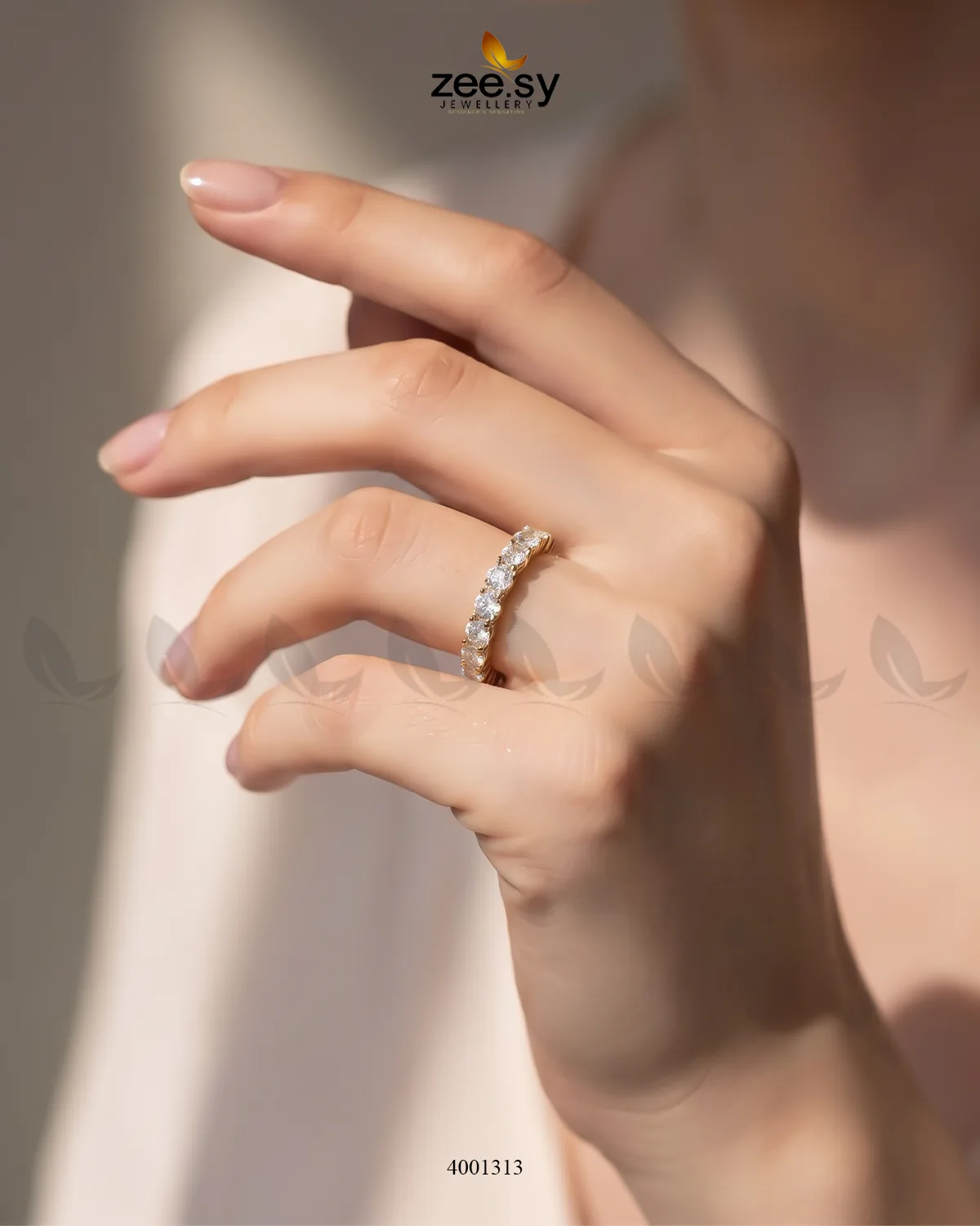 Shimmering crystal tennis ring by AJ03, featuring sparkling crystals set in a sleek silver band, showcasing elegant jewelry design.