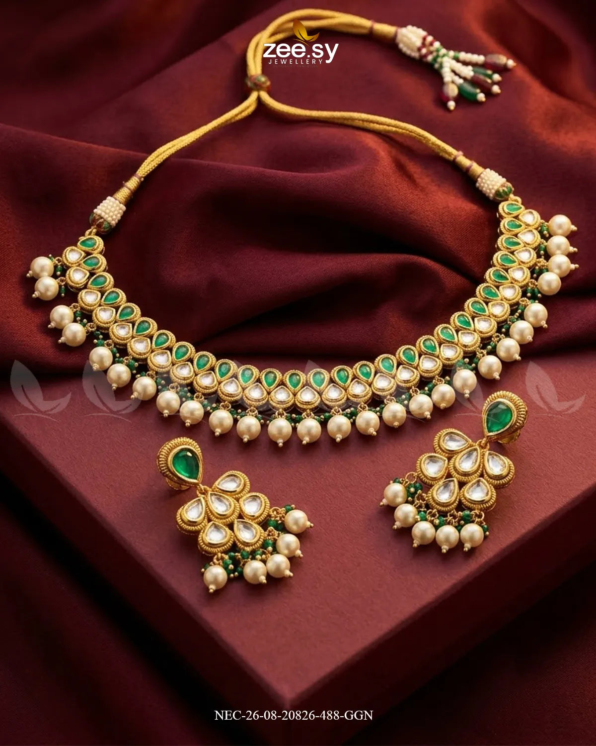 Sia Hanging Pearl Necklace Set Golden Green Necklace Sets - Zeesy Jewellery Pakistan | Premium Artificial & Imitation Jewellery