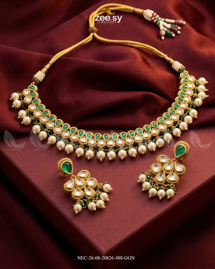 Sia Hanging Pearl Necklace Set Golden Green Necklace Sets - Zeesy Jewellery Pakistan | Premium Artificial & Imitation Jewellery
