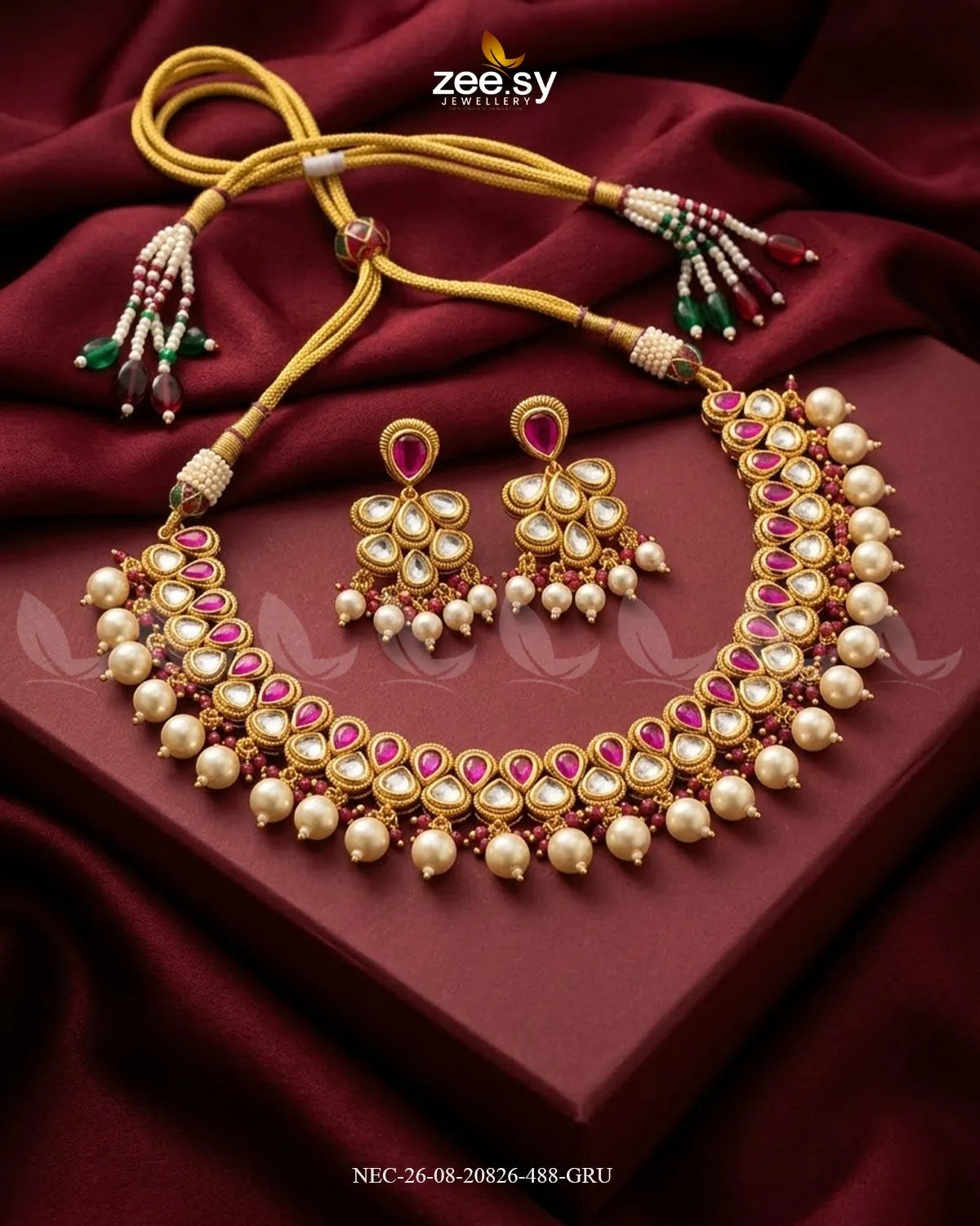 Sia Hanging Pearl Necklace Set Golden Ruby Necklace Sets - Zeesy Jewellery Pakistan | Premium Artificial & Imitation Jewellery