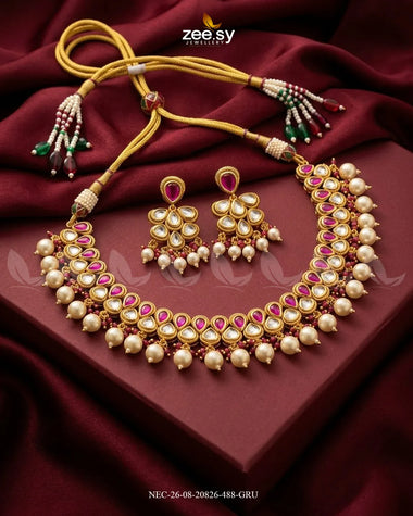 Sia Hanging Pearl Necklace Set Golden Ruby Necklace Sets - Zeesy Jewellery Pakistan | Premium Artificial & Imitation Jewellery