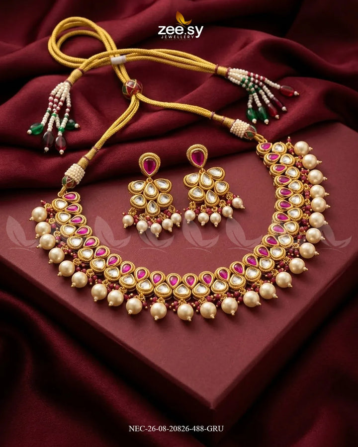 Sia Hanging Pearl Necklace Set Golden Ruby Necklace Sets - Zeesy Jewellery Pakistan | Premium Artificial & Imitation Jewellery
