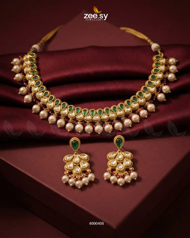 Sia Hanging Pearl Necklace Set Golden Ruby and Green Necklace Sets - Zeesy Jewellery Pakistan | Premium Artificial & Imitation Jewellery