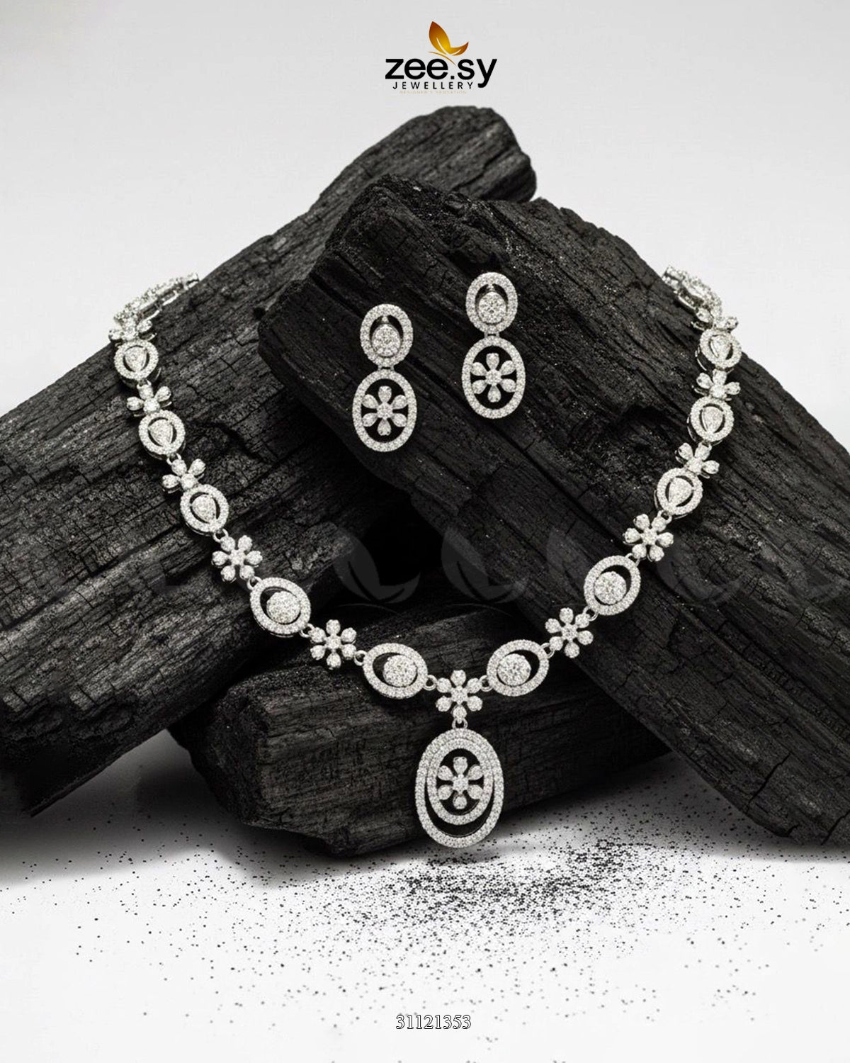 Dainty Oval Floral Necklace Set Silver - Zeesy Jewellery