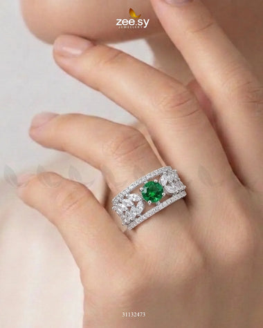 Silver Bloom Leaf Stone Ring Silver Green Finger Ring - Zeesy Jewellery Pakistan | Premium Artificial & Imitation Jewellery