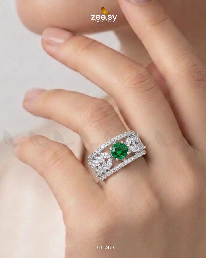 Silver Bloom Leaf Stone Ring Silver Green Finger Ring - Zeesy Jewellery Pakistan | Premium Artificial & Imitation Jewellery