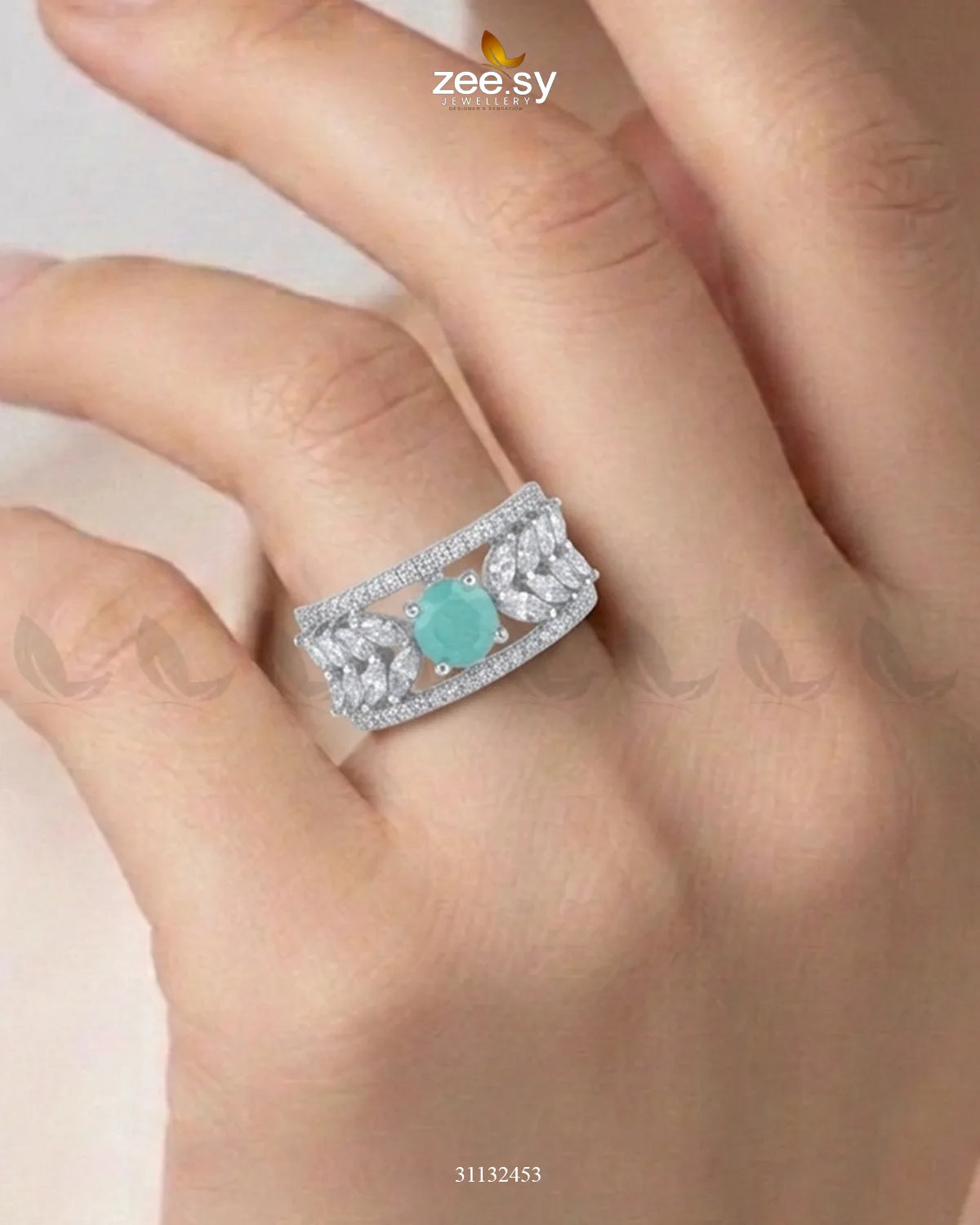 Silver Bloom Leaf Stone Ring Silver Mint Green Finger Ring - Zeesy Jewellery Pakistan | Premium Artificial & Imitation Jewellery