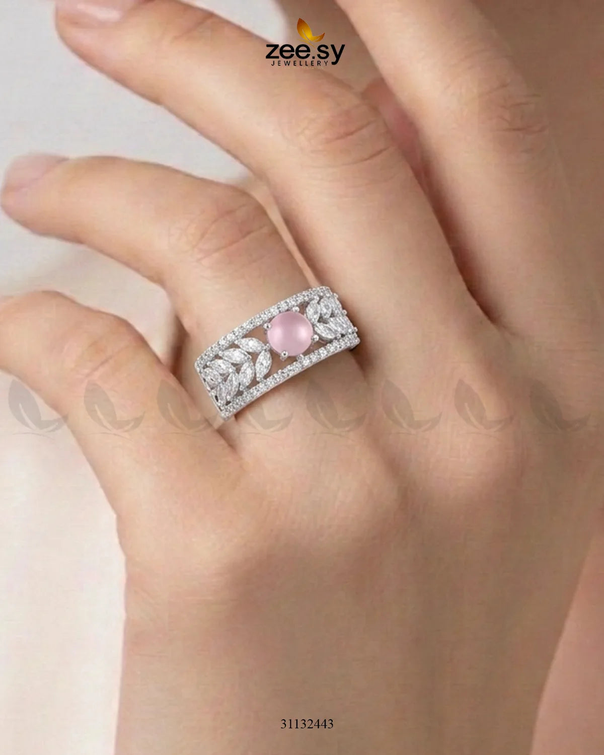 Silver Bloom Leaf Stone Ring Silver Mint Pink Finger Ring - Zeesy Jewellery Pakistan | Premium Artificial & Imitation Jewellery