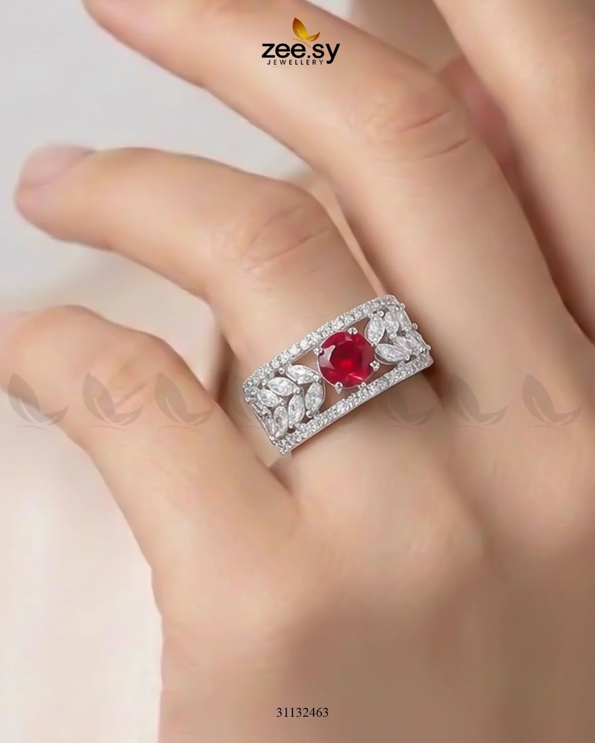 Silver Bloom Leaf Stone Ring Silver Ruby Finger Ring - Zeesy Jewellery Pakistan | Premium Artificial & Imitation Jewellery