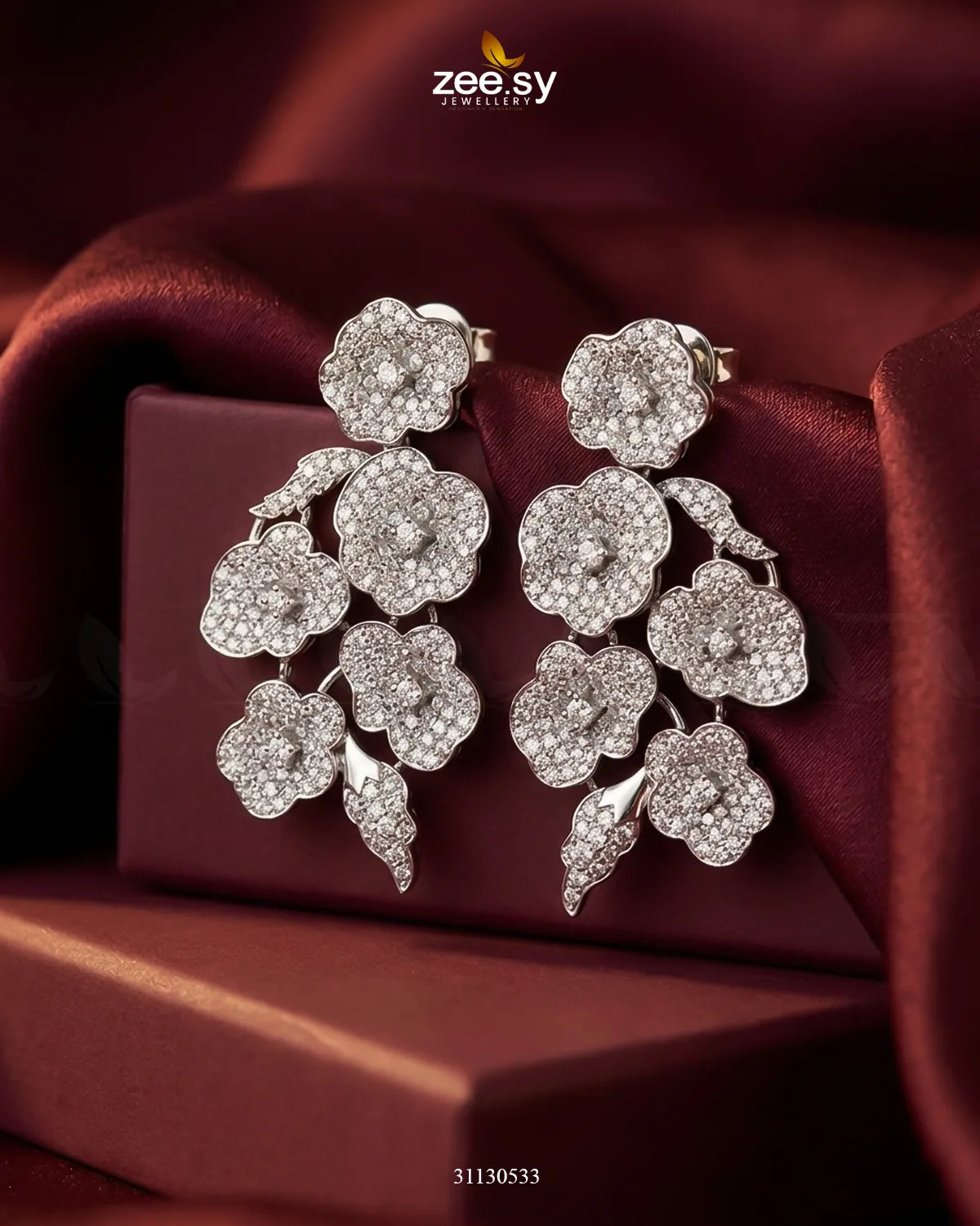 Silver Blossom Cluster Pave Earrings Silver White Earrings - Zeesy Jewellery Pakistan | Premium Artificial & Imitation Jewellery