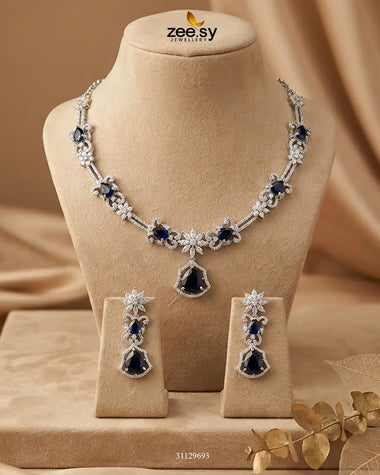 Silver Cocktail Stone Necklace Set Silver Blue Necklace Sets - Zeesy Jewellery Pakistan | Premium Artificial & Imitation Jewellery
