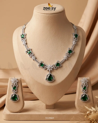 Silver Cocktail Stone Necklace Set Silver Green Necklace Sets - Zeesy Jewellery Pakistan | Premium Artificial & Imitation Jewellery