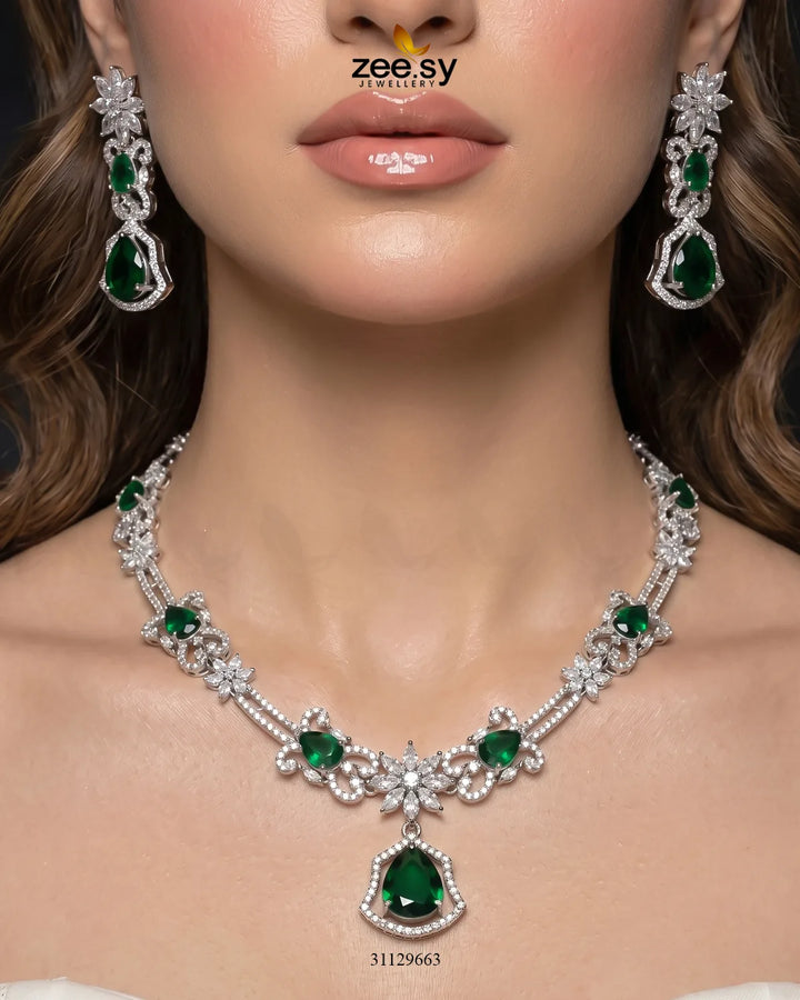 Silver Cocktail Stone Necklace Set Necklace Sets - Zeesy Jewellery Pakistan | Premium Artificial & Imitation Jewellery