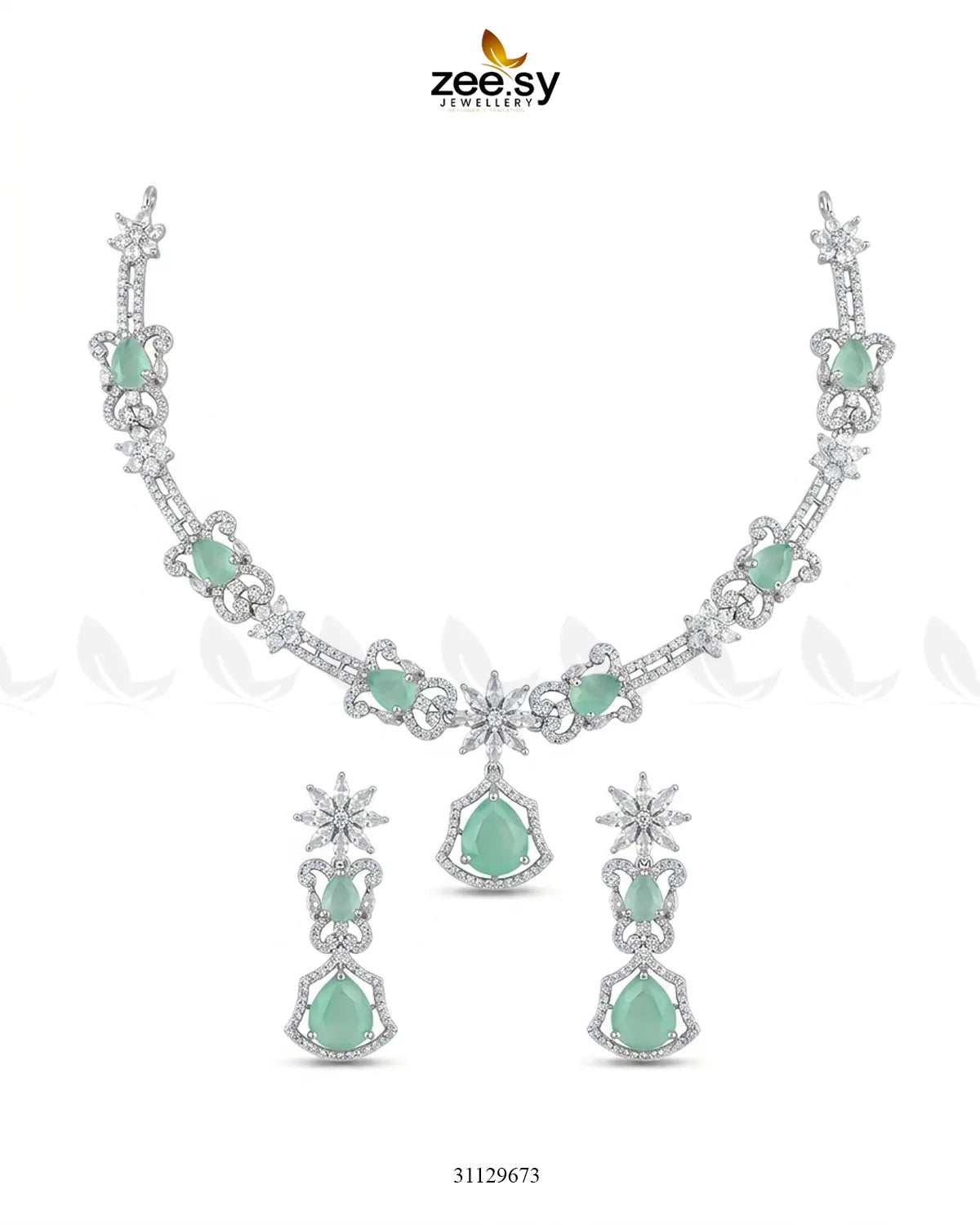 Silver Cocktail Stone Necklace Set Silver Mint Green Necklace Sets - Zeesy Jewellery Pakistan | Premium Artificial & Imitation Jewellery