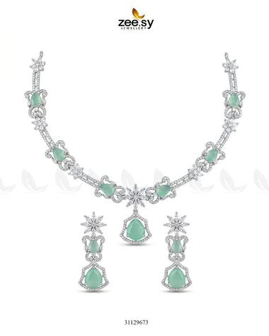 Silver Cocktail Stone Necklace Set Silver Mint Green Necklace Sets - Zeesy Jewellery Pakistan | Premium Artificial & Imitation Jewellery