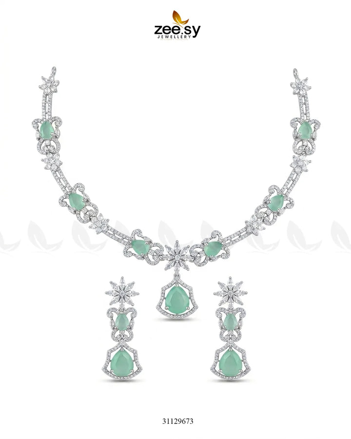 Silver Cocktail Stone Necklace Set Silver Mint Green Necklace Sets - Zeesy Jewellery Pakistan | Premium Artificial & Imitation Jewellery