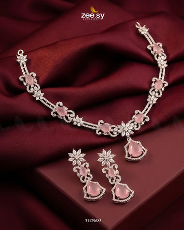 Silver Cocktail Stone Necklace Set Silver Mint Pink Necklace Sets - Zeesy Jewellery Pakistan | Premium Artificial & Imitation Jewellery