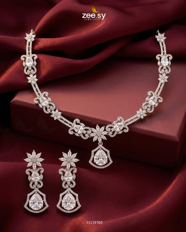 Silver Cocktail Stone Necklace Set Silver White Necklace Sets - Zeesy Jewellery Pakistan | Premium Artificial & Imitation Jewellery