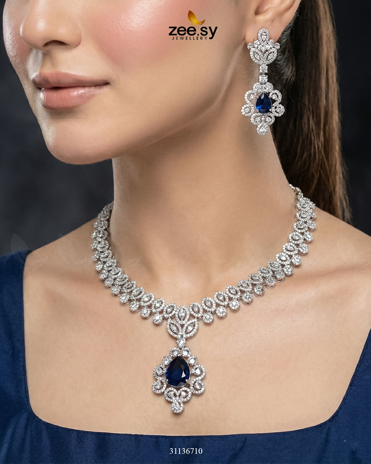 Silver Crystal Pave Necklace Set