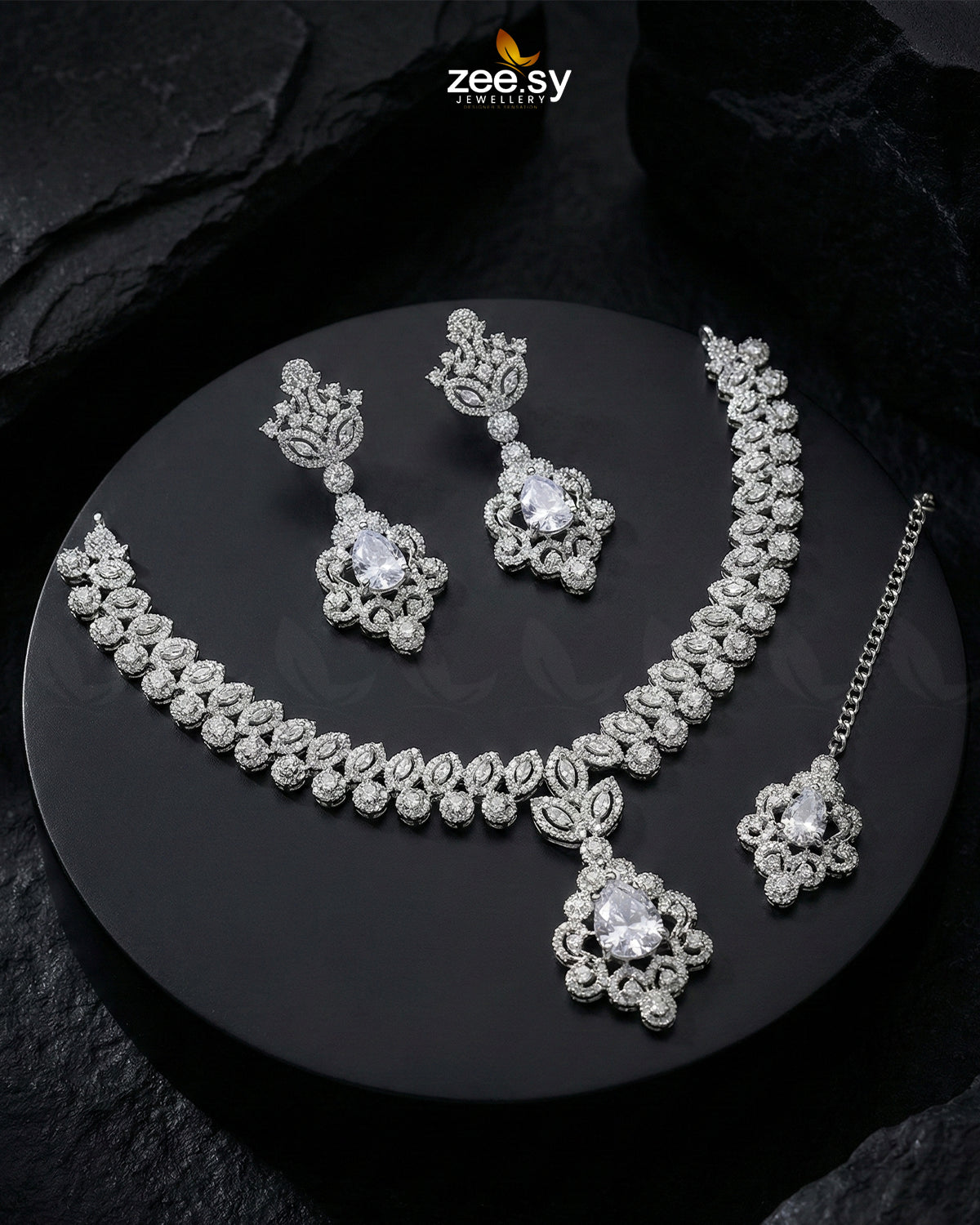 Silver Crystal Pave Necklace Set